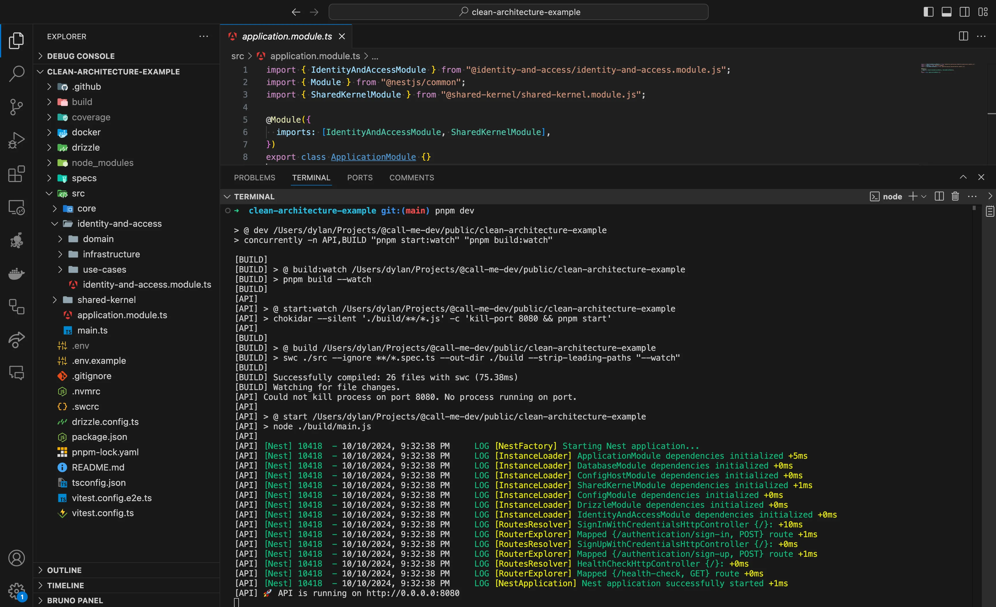 Visual Studio Code editor displaying a TypeScript project with a clean architecture folder structure.